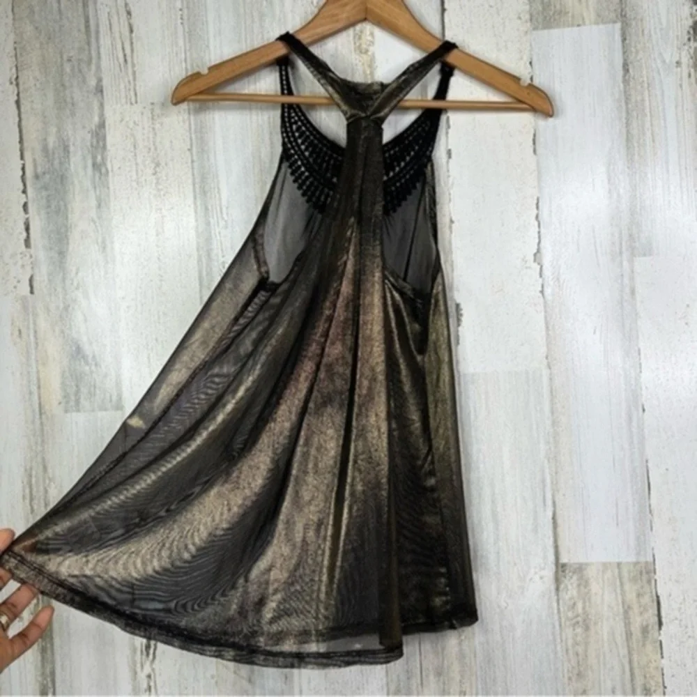 Free People Embellished Sheer‎ Metallic Racerback Tank Top Black Gold Rhinestone